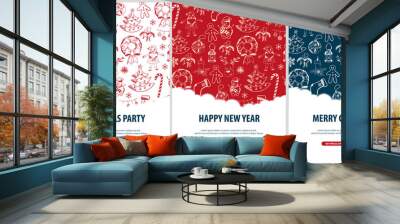 Merry Christmas and Happy New Year. Set of Backgrounds with hand-draw christmas doodle elements. Vector illustration. Wall mural