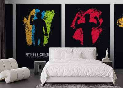 Set of Fitness Club Banners with man on the color grunge style background. Wall mural