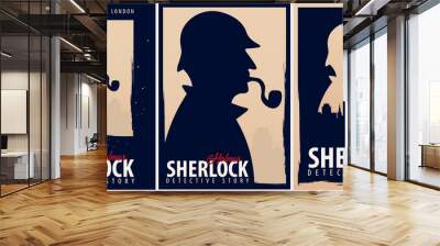 Set of Sherlock Holmes posters. Detective illustration. Illustration with Sherlock Holmes. Baker street 221B. London. Big Ban. Wall mural