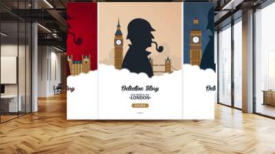 Set of Sherlock Holmes posters. Detective illustration. Illustration with Sherlock Holmes. Baker street 221B. London. Big Ban. Wall mural