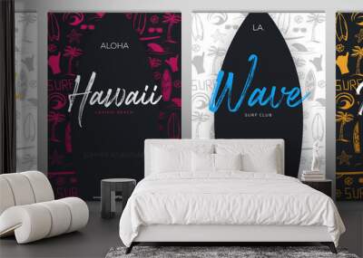 Set of Summer Surfing Posters for Surf Club or Shop with hand draw background and Surfboard. Wall mural