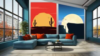 Set of Wild West landscapes with mountains and cactus. Sunset at the Texas. Vector illustration. Wall mural