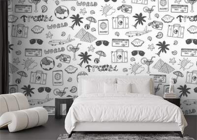 travel hand-draw doodle backround. tourism and summer sketch with travelling elements. vector illust Wall mural