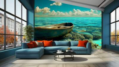 A blue sky a blue reef and a sunk blue boat. Wall mural