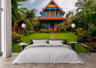 A colorful house in the middle of a lush green yard. Sri-Lanka. Wall mural