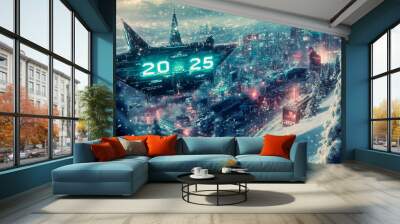 A futuristic New Year's card for 2025, with bold metallic silver and icy blue tones. Wall mural