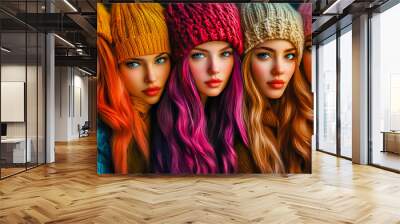 A group of women with different colored hair wearing hats. Wall mural