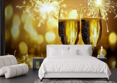 A joyful New Year's card featuring two champagne glasses raised in celebration with golden sparklers. Wall mural