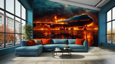 A large jetliner sitting in garage of an airport runway with flames coming out of it. Wall mural