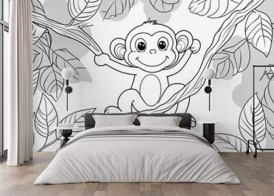 A playful monkey hanging from a tree branch, designed as a children's coloring book illustration. Wall mural