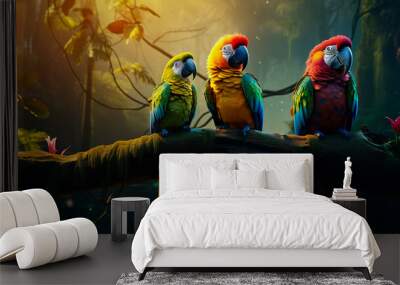 Brightly colored parrots sit on branches in the jungle. Wall mural