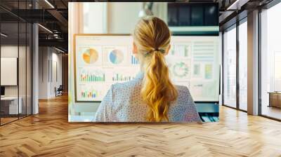 Businesswoman examining graph on monitor in office, advertising style at sunny day. Taken from back. Wall mural