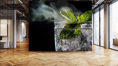 Close-up of a mojito in a frosted, steamed glass, filled with ice cubes and garnished with fresh mint leaves. Wall mural