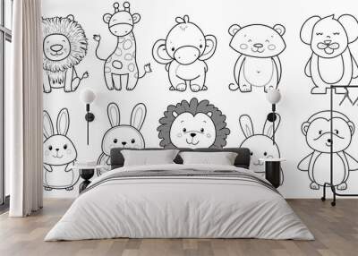 Coloring book page featuring a group of ten different cute animals in a simple line art style. Wall mural