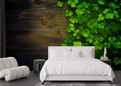 St. Patricks day, clover leaf on green wooden background. Generative AI Wall mural