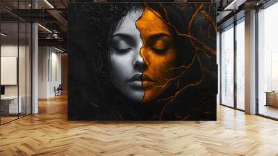 Art for Frames, Surreal Painting, Woman's Face Divided in Two, Abstract Image, Texture, Pattern Background, Wallpaper, Cover and Screen for Smartphone, PC, Laptop, 9:16 and 16:9 Format Wall mural