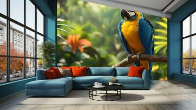 Blue and Yellow Macaw in Nature, Realistic Photo, Texture, Pattern Background, Wallpaper, Cover and Screen for Smartphone, PC, Laptop, 9:16 and 16:9 Format Wall mural