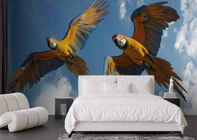 Blue-and-yellow Macaws, Flying Under Blue Sky, Realistic Photo, Texture, Pattern Background, Wallpaper, Cover and Screen for Smartphone, PC, Laptop, 9:16 and 16:9 Format Wall mural