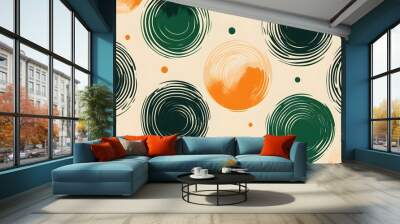 Green Shapes, Circles, Spiral on Orange Background, Abstract Image, Texture, Pattern, Wallpaper, Cover and Screen of Smartphone, Cell Phone, Computer, Laptop, 9:16 and 16:9 Format Wall mural