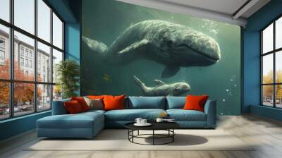 Mother Whale swimming with her puppy in crystal clear water, releasing air bubbles, giving photo, wallpaper, cover and smartphone screen, pc, laptop, format 9:16 and 16: 9
 Wall mural