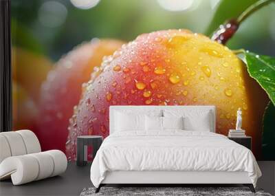 Sliced ​​Mango Fruit with Water Drops, Photo Realistic, Abstract Image, Texture, Pattern Background, Wallpaper, Cover and Screen of Smartphone, Cell Phone, Computer, Laptop, 9:16 and 16:9 Format Wall mural