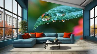 A close-up of fresh green leaves with water droplets on them, resting on a wet surface. A string of drops on a leave in a garden, reflecting the surrounding foliage and catching the sun rays. Wall mural