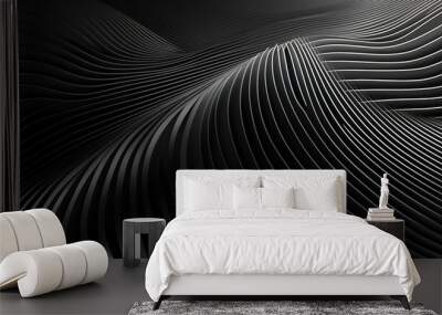 Black abstract background design. Modern wavy line pattern (guilloche curves) in monochrome colors. Premium stripe texture for banner, business backdrop. Dark horizontal vector template. Wall mural