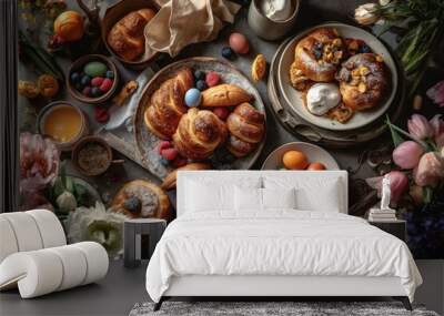 Easter breakfast flat lay with scrambled eggs bagels, orange tulips, bread toast with fried egg and green asparagus, colored quail eggs and spring holidays decorations. Top view.,Generative AI. Wall mural