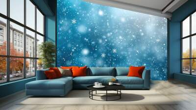 Random falling snow flakes wallpaper. Snowfall dust freeze granules. Snowfall sky white teal blue background. Many snowflakes february vector. Snow nature scenery. Wall mural