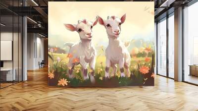 Two little funny baby goats playing in the field with flowers. Farm animals. , Generative AI Wall mural