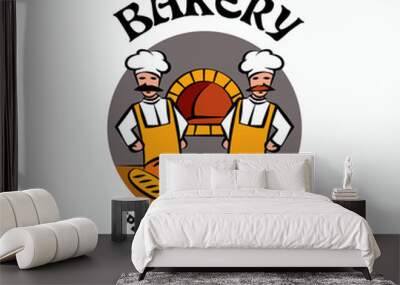 Bakery logo template. Two bakers and a table with bread in the foreground. Wall mural