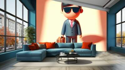 Businessman in a suit with a suitcase in a static pose and black glasses. Colorful Cartoon Cute 3D character. Wall mural