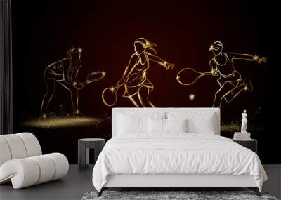 Professional woman tennis players set. Golden linear tennis player illustration for sport banner, background and flyer. Wall mural