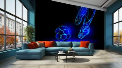 Soccer blue neon background. Polygonal Football Kickoff illustration. Legs and soccer ball. Wall mural