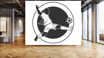 Soccer striker with the ball. Black vector football sports logo template with a soccer player on the round background. Wall mural