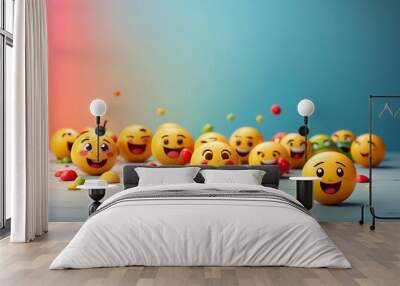 3d yellow emojis happy smiley illustrations. World Mental Health Day or World Emoji Day concept Wall mural