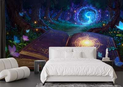 An ancient book with magical light in a mystical forest at night. Magic book concept Wall mural