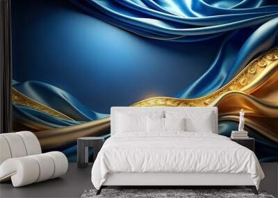 Luxurious golden blue shiny silk background. Royal blue and yellow satin texture surface Wall mural