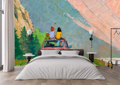 Parents and children go sightseeing and picnic by car in mountainous area. Family weekend activities. Wall mural