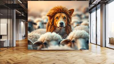 A shepherd dog popping his head up from a sheep flock. Disguise, uniqueness and/or lost in the crowd concept Wall mural