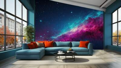 Abstract bright saturated magenta and blue space galaxy background with stars. Wall mural