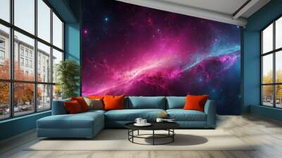 Abstract bright saturated magenta and blue space galaxy background with stars. Wall mural