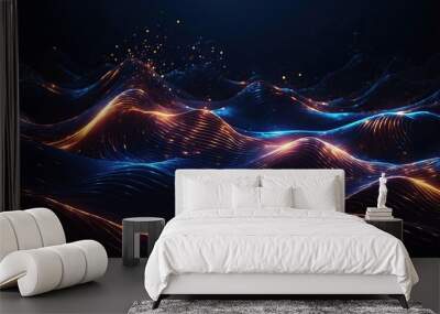 Abstract smoke glowing lines light on dark background. Modern flowing wavy lines on black background. Wall mural