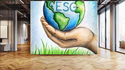 ESG is a framework that helps stakeholders understand how an organization is managing risks and opportunities related to environmental Hand holding earth on green grass. generative ai Wall mural