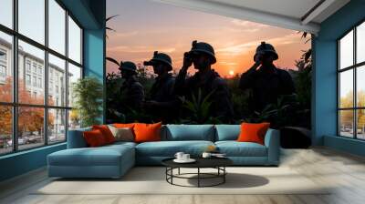 Four soldiers stand vigilantly in dense jungle foliage at sunset, holding binoculars and dressed in full gear, creating a dramatic and intense atmosphere. Wall mural