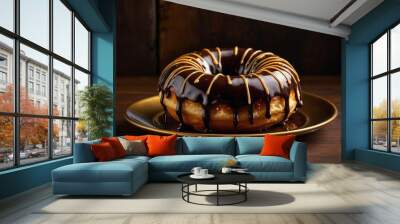 A close-up photo of a fresh donut on a plate covered with melted dark chocolate and caramel icing glaze on a golden plate standing on a wooden table surface. Luxury delicious dessert food photography. Wall mural