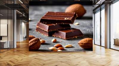 A close up studio shot of bunch of blocks pieces of a dark chocolate bar decorated with almonds and crushed nuts on black grunge background. Delicious sweet dessert food photography illustration. Wall mural