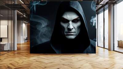 A closeup portrait of a man with face covered in white paint wearing black hood. Serious menacing expression on his scary face. Cultist, necromancer, magician, assassin Halloween illustration concept. Wall mural