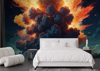 Epic anime style nuclear explosion background, cartoon blast with smoke clouds, fire and particles	 Wall mural