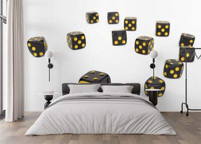 Rolling black and gold dice isolated over white background. 3D rendering. Wall mural